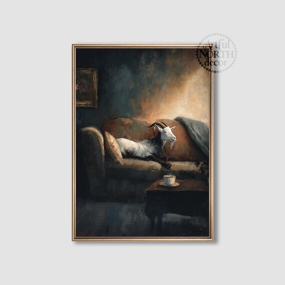 Goat On Couch Painting Moody Gothic Grandmillennial Decor