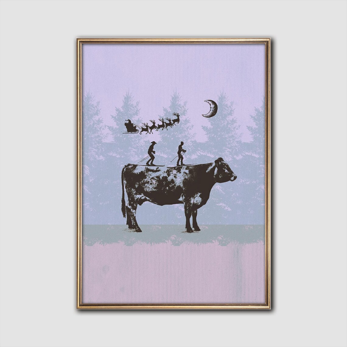Winter Dream Cow Print, Whimsical Holiday Art Print
