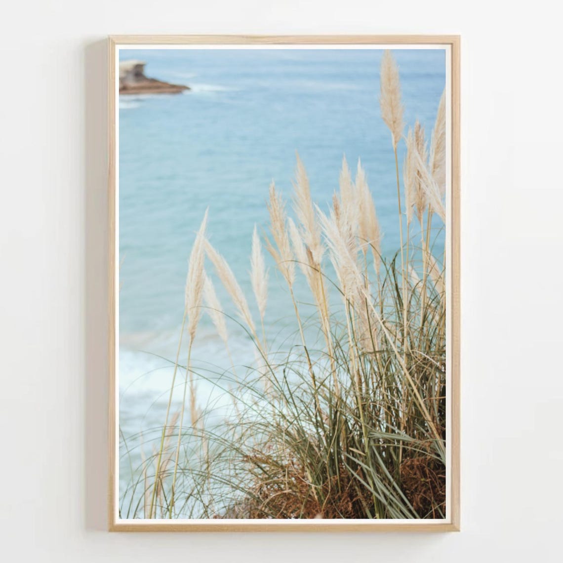 Boho Coastal Pampas Grass Swaying Over Ocean View Photo Poster