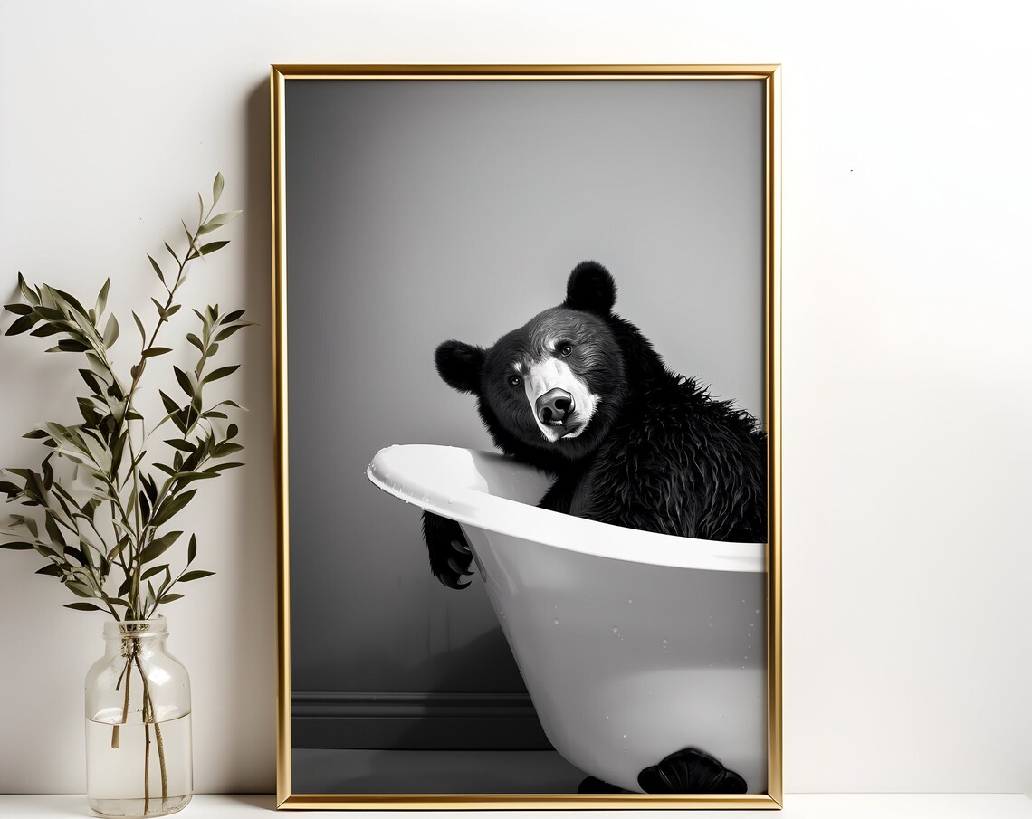 Black Bear Sitting In Clawfoot Bathtub Black And White Funny Poster