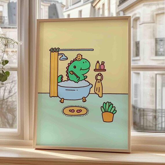 Cute Green T Rex In Bathtub With Rubber Duck Funny Kids Bathroom Poster
