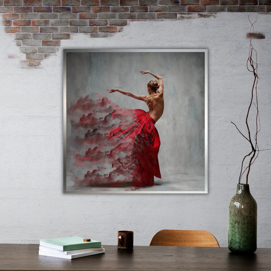 Red Skirt Ballerina Dancer Smoke Effect Elegant Grey Background Art Print - Image 2
