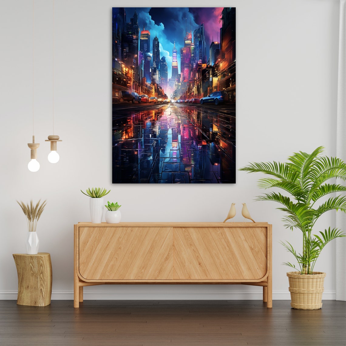 Neon City Street Night Skyscrapers Wet Reflections Cyberpunk Poster - Image 4
