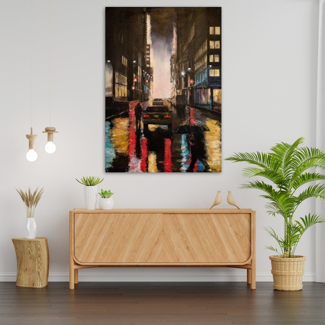 Rainy City Street Night Neon Reflections Umbrella Lights Wall Art - Image 3