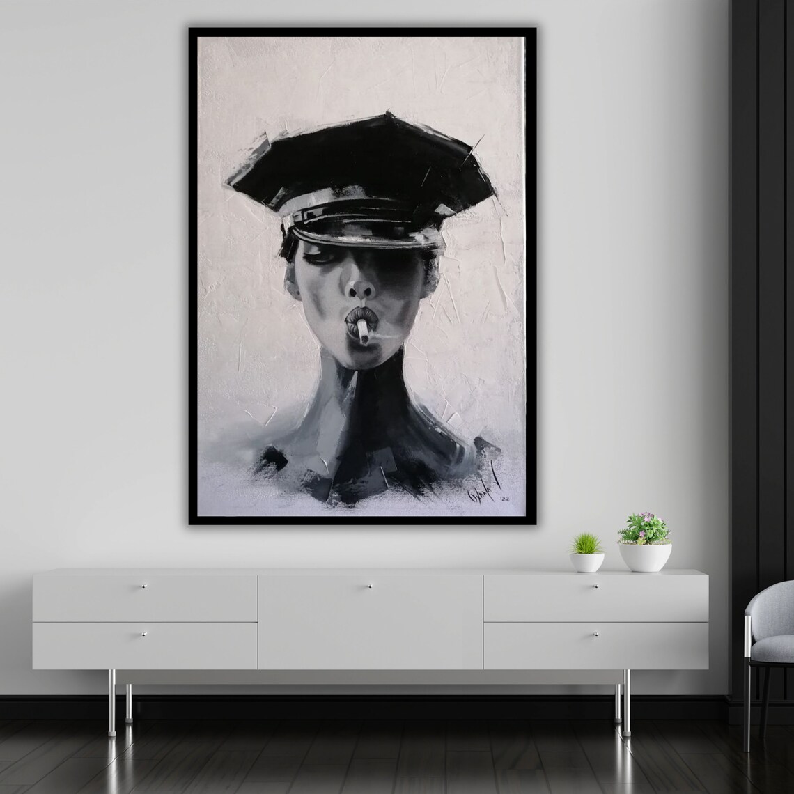 Woman Police Cap Smoking Monochrome Black White Bold Portrait Art Print Poster - Image 5