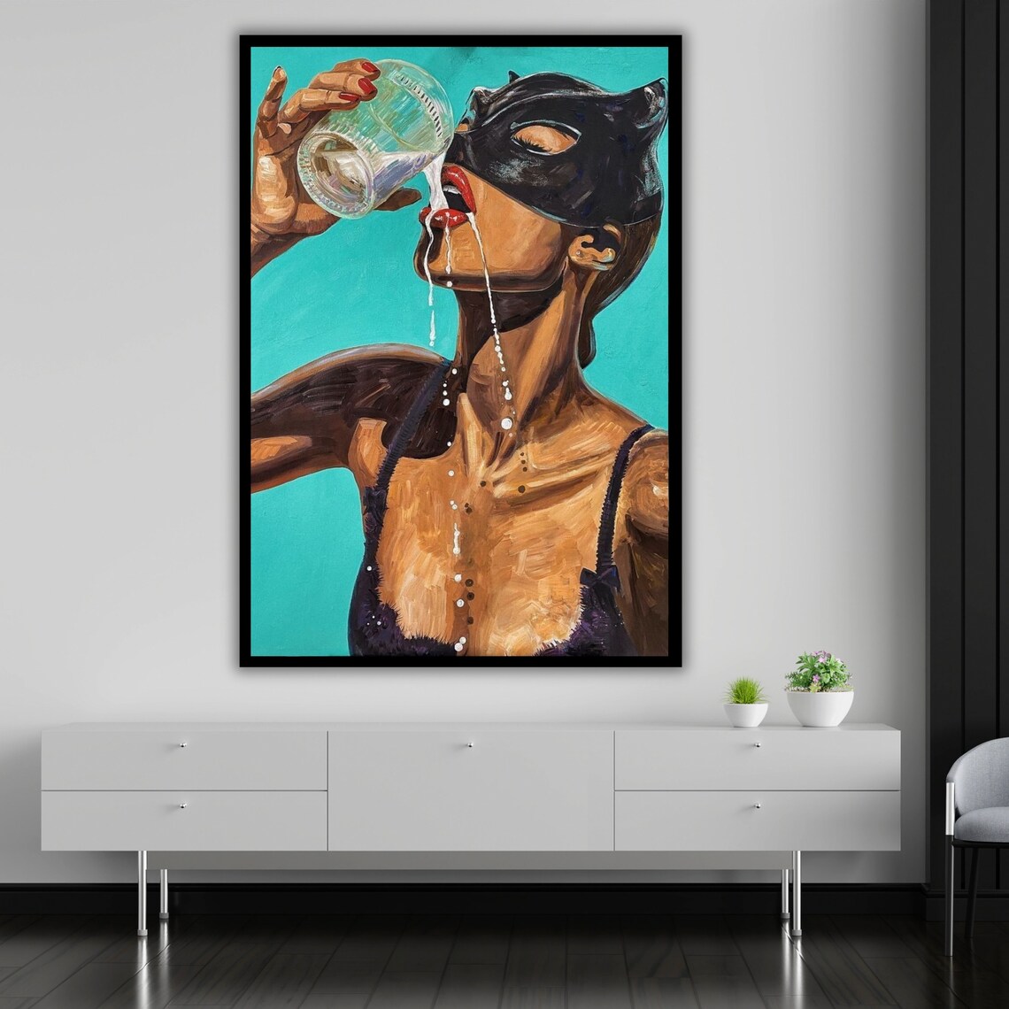 Masked Woman Drinking Milk Pop Art Painting With Cat Mask Turquoise Print - Image 5