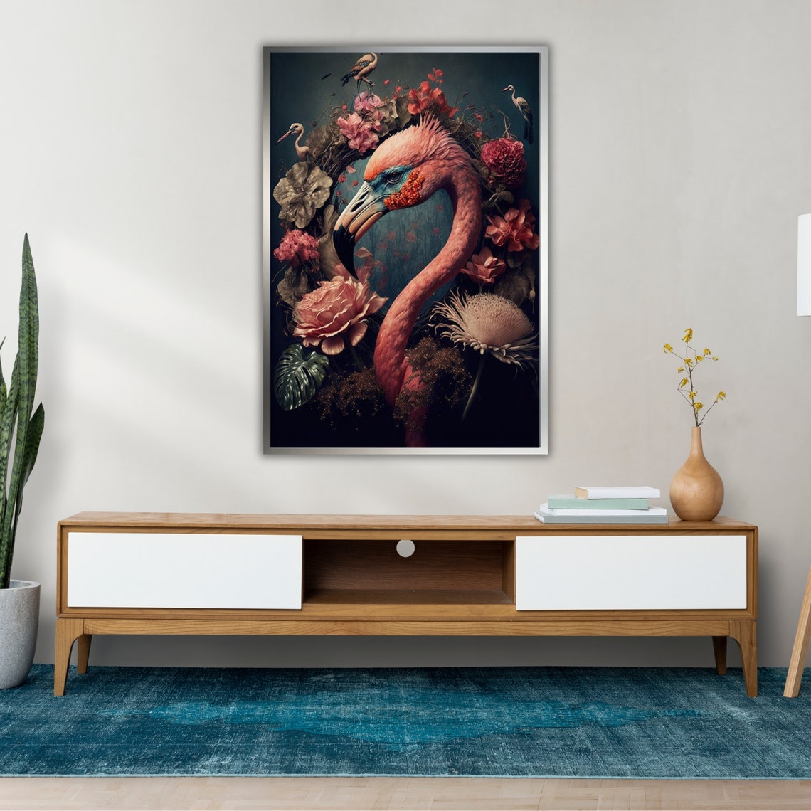 Elegant Flamingo With Lush Floral Bloom Dark Botanical Art Wall Poster - Image 4