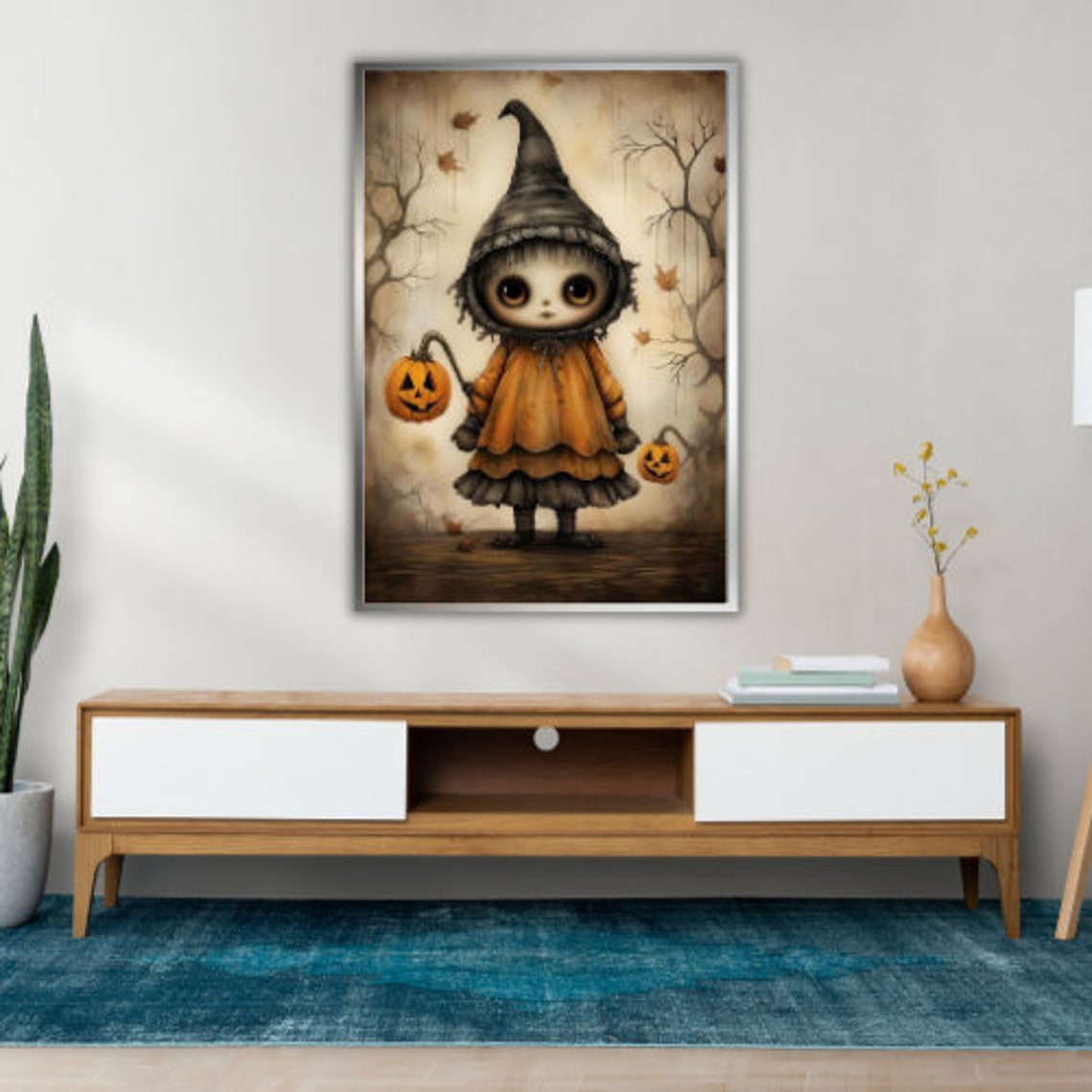 Cute Gothic Witch Child With Pumpkins Big Eyes Halloween Art Print - Image 3