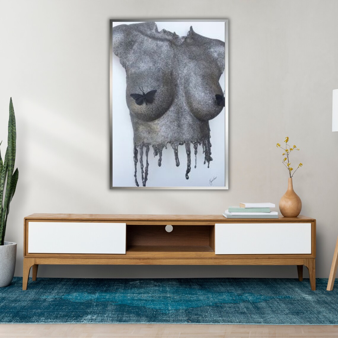 Metal Female Torso Sculpture Butterflies Surreal Grey Modern Wall Art Print - Image 2