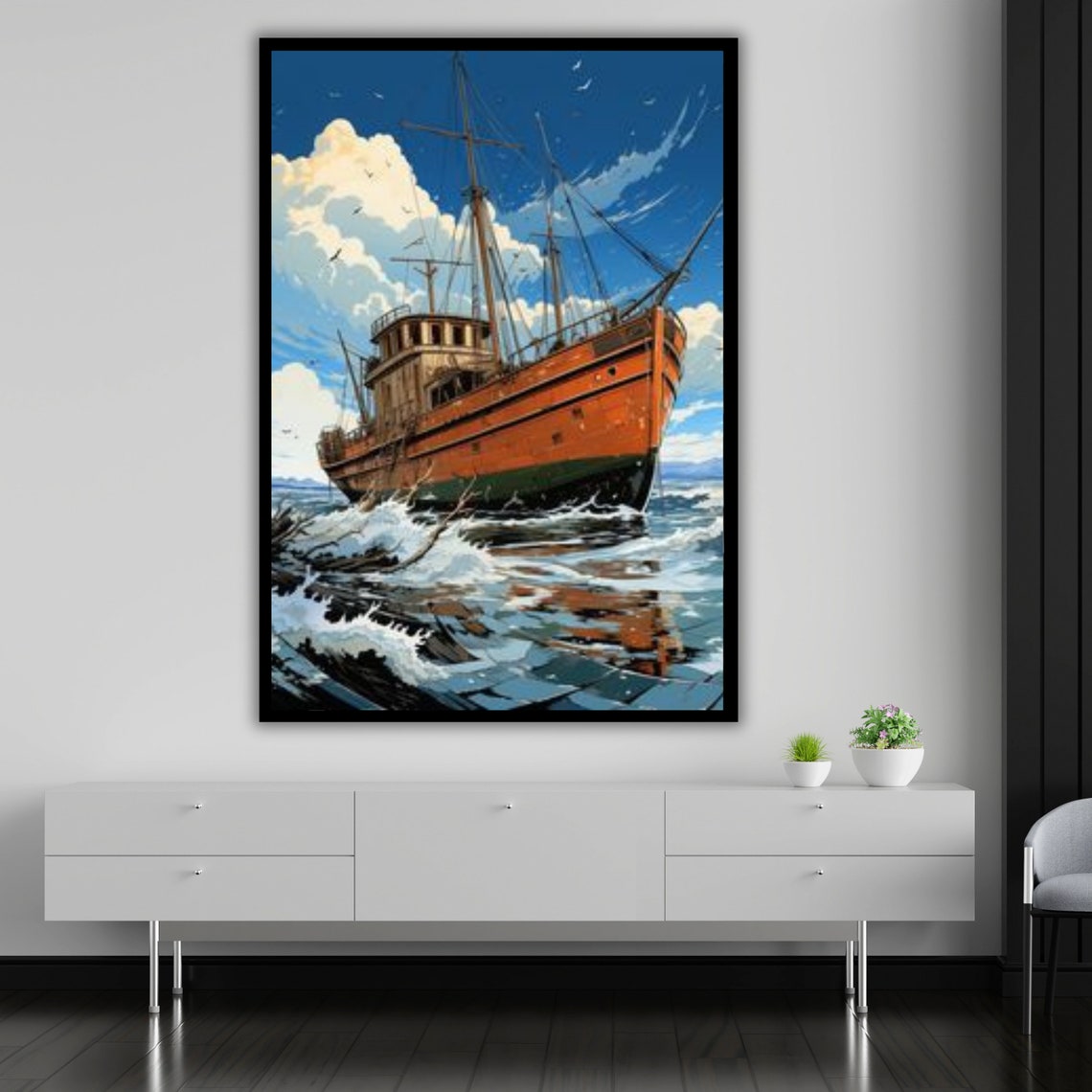 Old Rusty Fishing Trawler On Stormy Waves Vintage Maritime Art Poster - Image 4