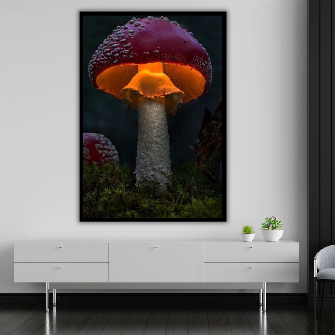Glowing Red Fly Agaric Mushroom Dark Forest Magical Macro Art Print - Image 5
