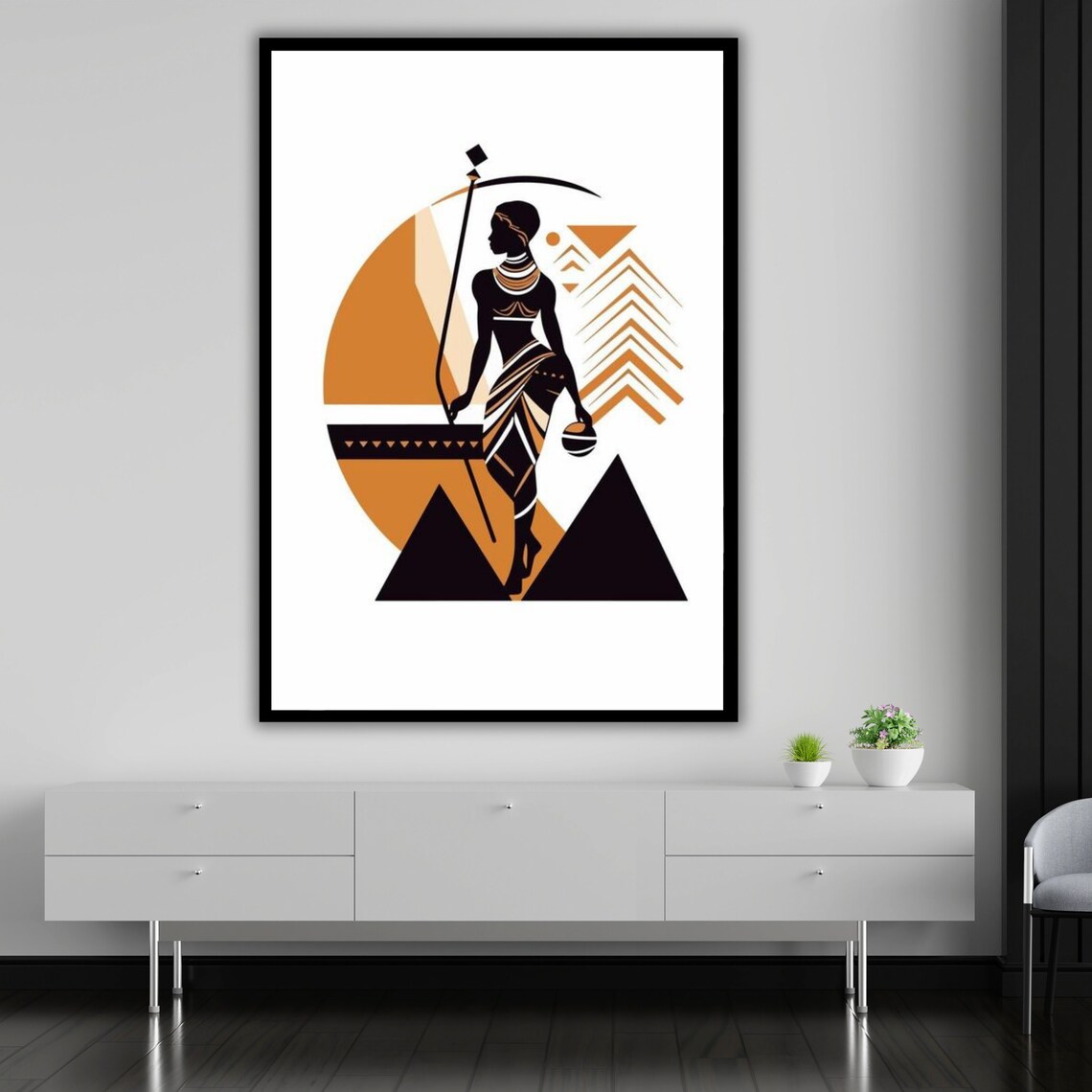 African Woman Silhouette Staff Geometric Sun Boho Tribal Wall Art - Image 5