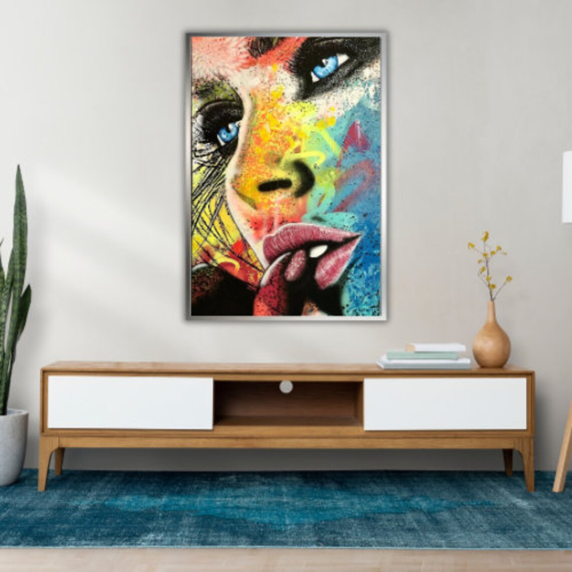 Pop Art Woman Face Close Up With Finger To Lips Graffiti Style Art Print - Image 2
