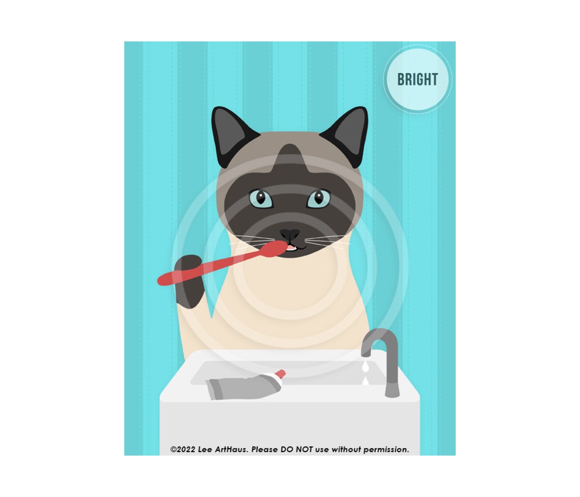 Siamese Cat Brushing Teeth Blue Eyes Cartoon Style Funny Bathroom Wall Poster - Image 2