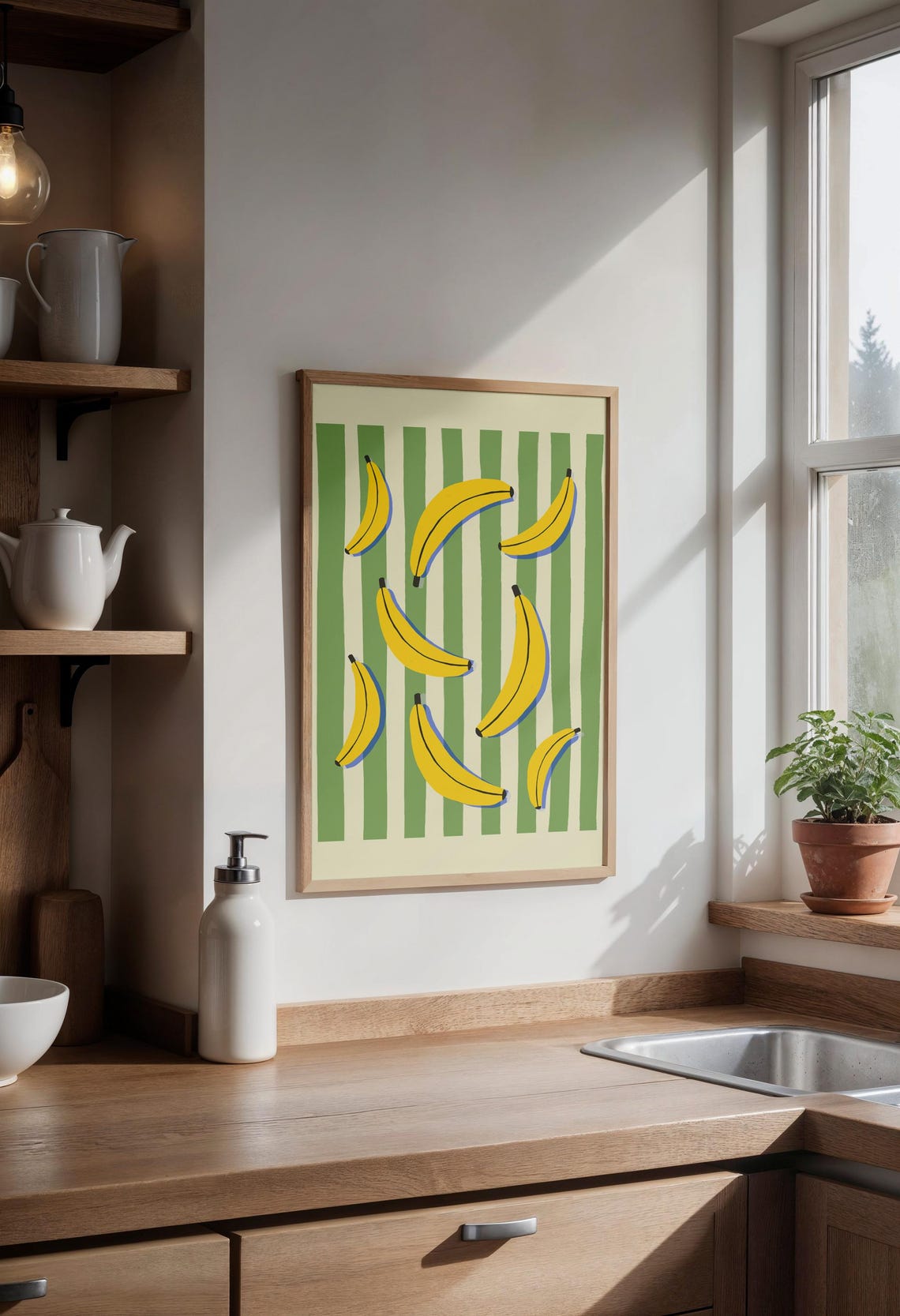 Retro Banana Pattern Green Striped Fun Fruit Kitchen Art Poster - Image 3