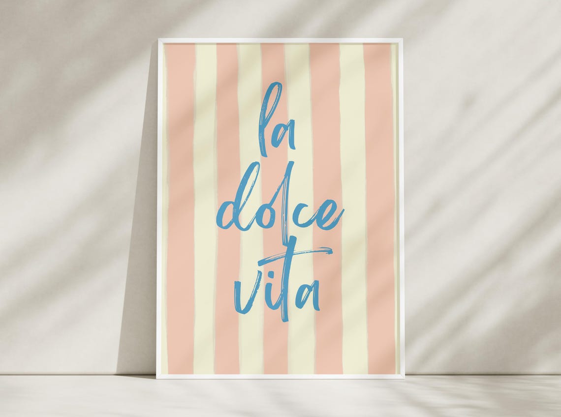 La Dolce Vita Blue Script Quote on Peach Striped Poster Wall Art