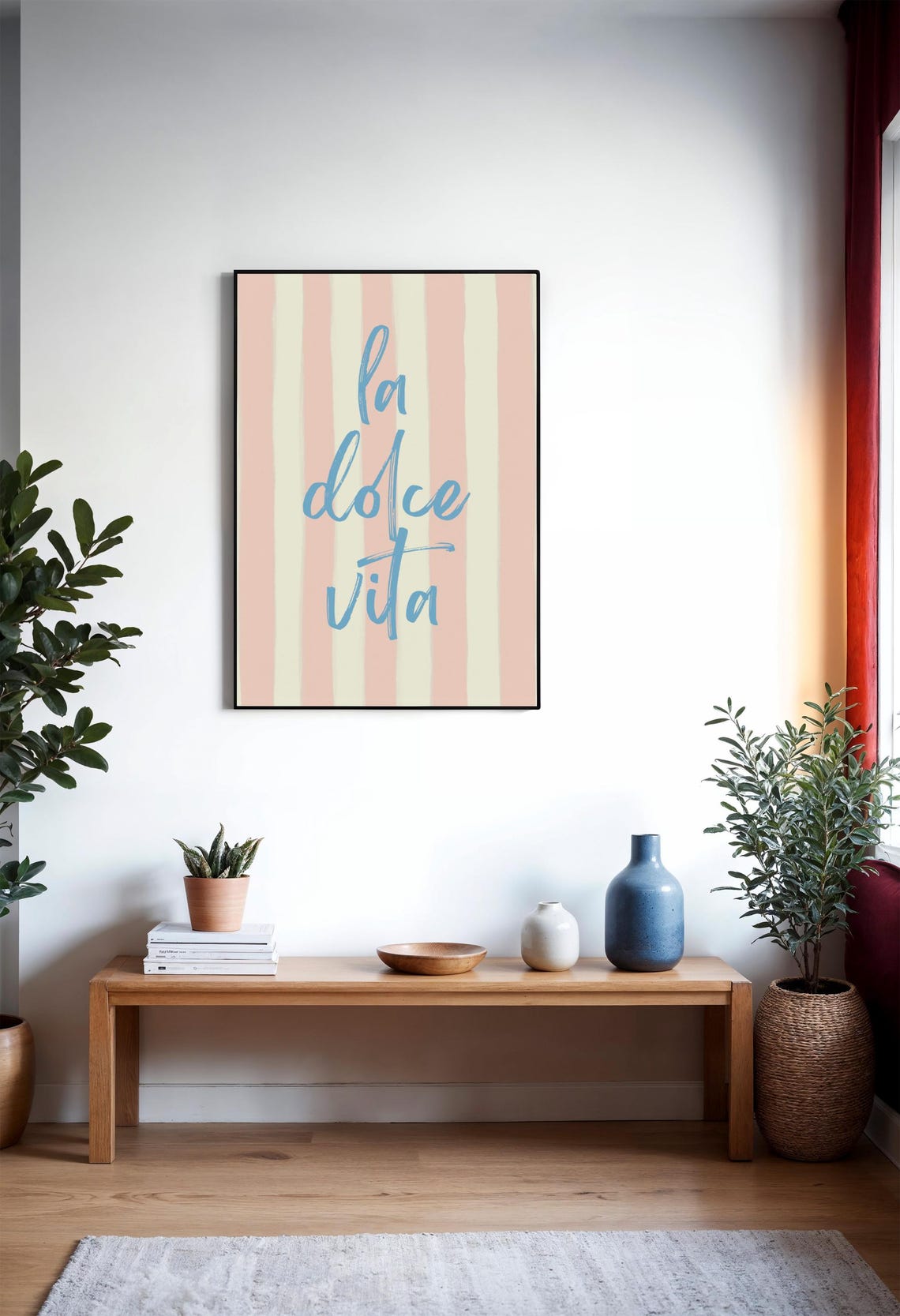 La Dolce Vita Blue Script Quote on Peach Striped Poster Wall Art - Image 3