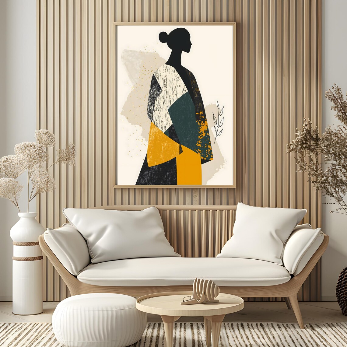 Abstract Woman Silhouette Mustard Teal Gold Fashion Art Poster - Image 3