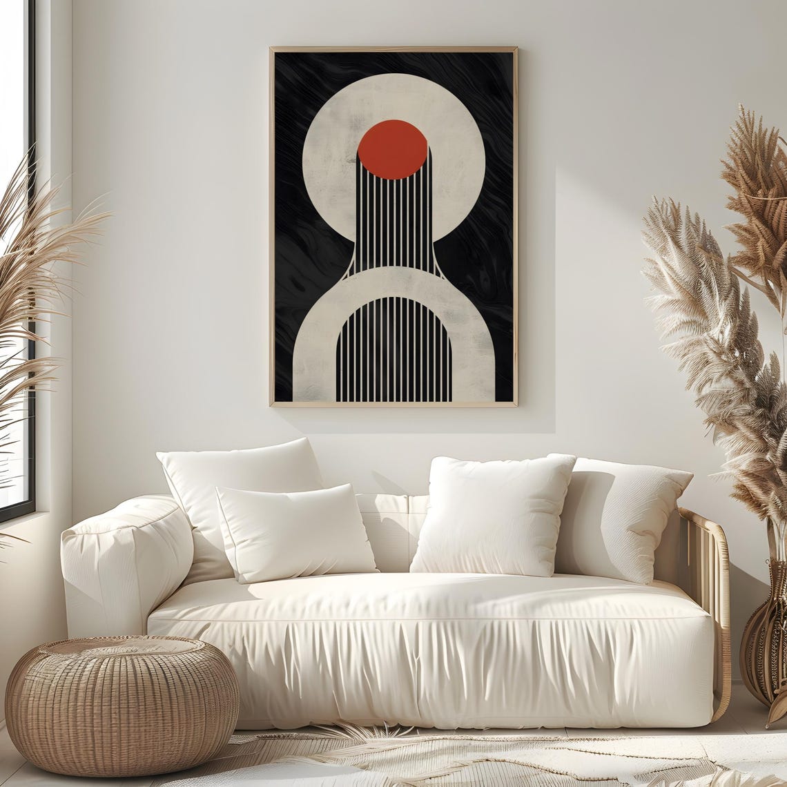 Mid Century Modern Black Marble Red Sun Disc Cream Arch Poster - Image 2