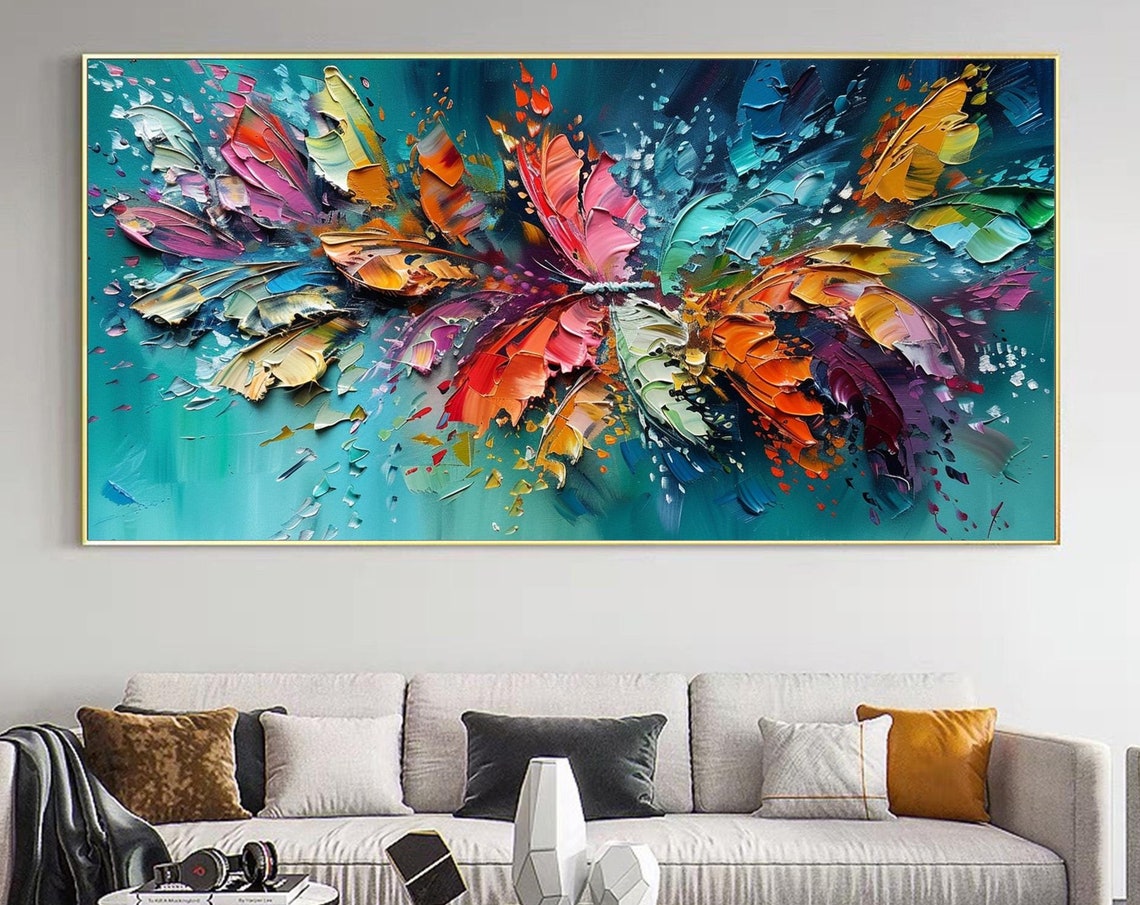 Colorful Butterfly Burst Textured Abstract On Teal Modern Wall Art