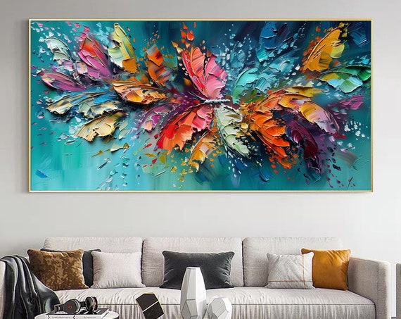Large Original Butterfly Oil Painting On Abstract Blooming Flower Painting Colorful Textured Wall Art Decor Living Room Wall Decor