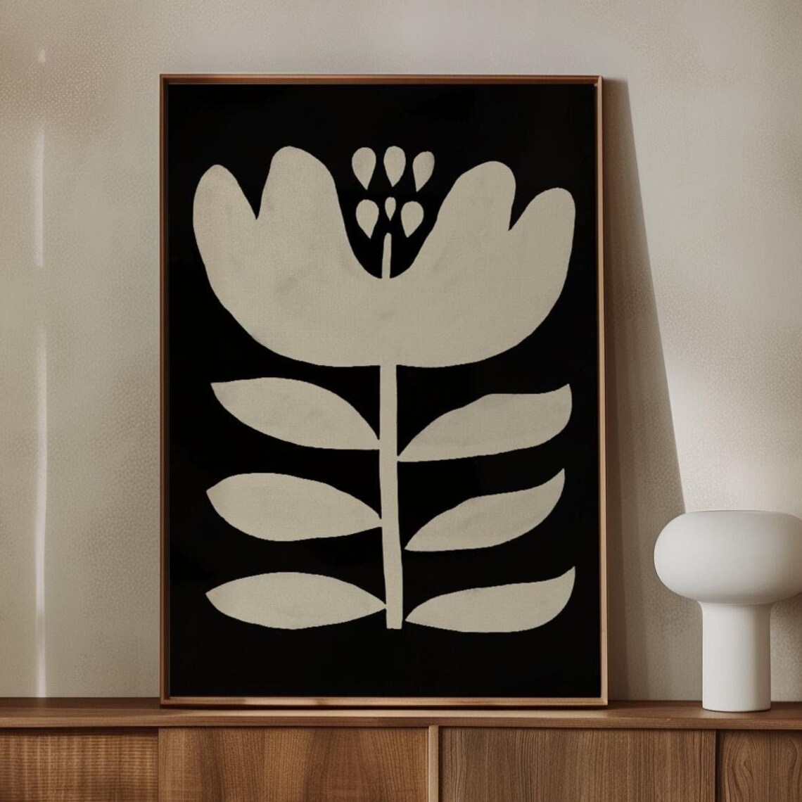Large Flower Print Black White Floral Scandinavian Folk Poster Retro Floral Art Abstract Flower Painting Woodblock Flower Art