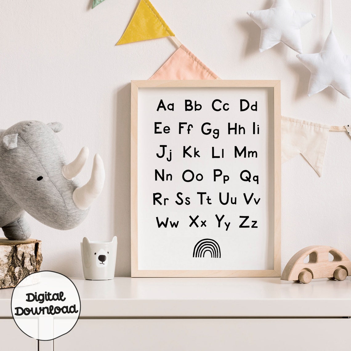 Monochrome Alphabet Aa To Zz Poster With Rainbow Kids Nursery