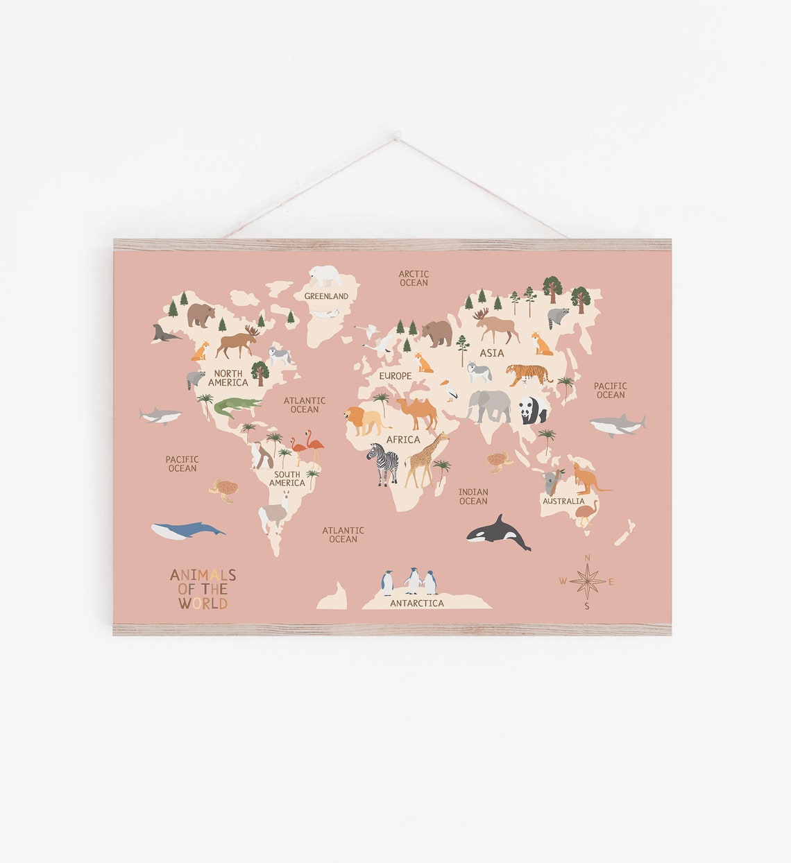 Animals Of The World Pink Nursery World Map Educational Poster Decor - Image 4