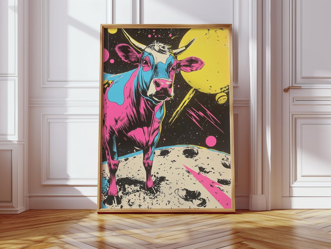 Cow On The Moon In Space, Pop Art Poster