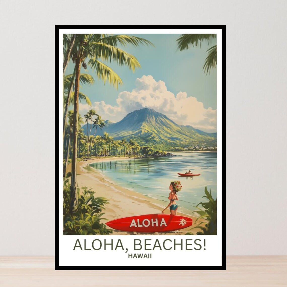 Hawaii Aloha Beaches Retro Surfboard Girl Palm Shore Travel Poster
