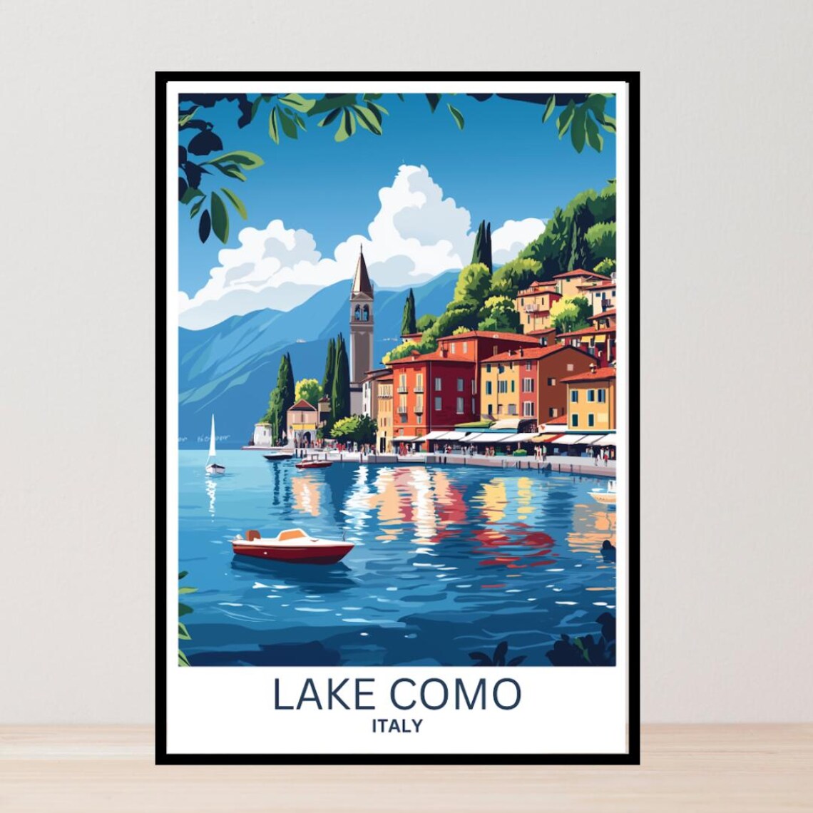 Lake Como Italy Lakeside Village Tower Boats Reflections Poster
