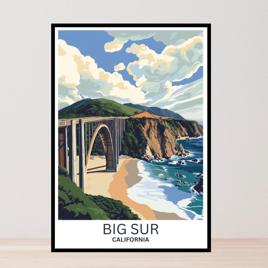Big Sur California Bixby Bridge Beach Ocean View Vintage Travel Poster