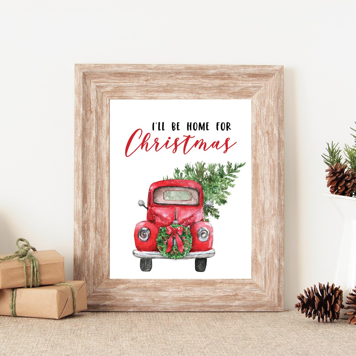 Red Truck Christmas Sign, Holiday Decor Art Print