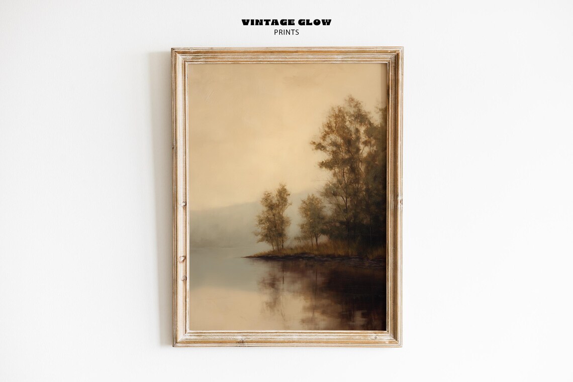 Vintage Fall Lake Painting, Moody Autumn Landscape