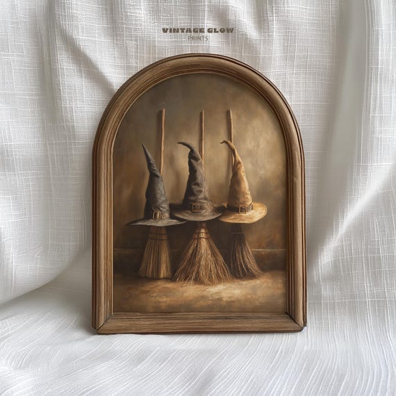 Vintage Witch Broom Hat Art Print, Dark Academia