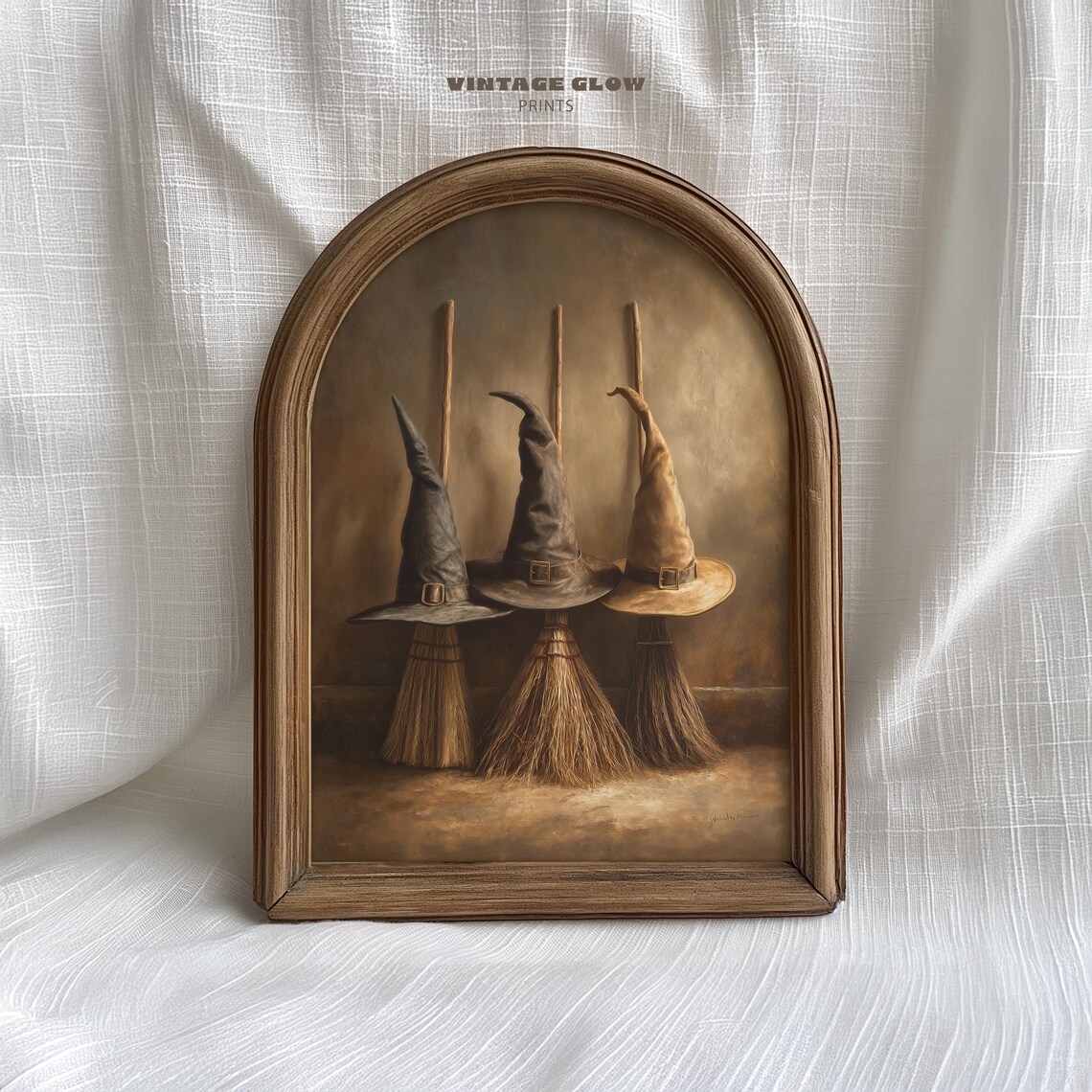 Vintage Witch Broom Hat Art Print, Dark Academia