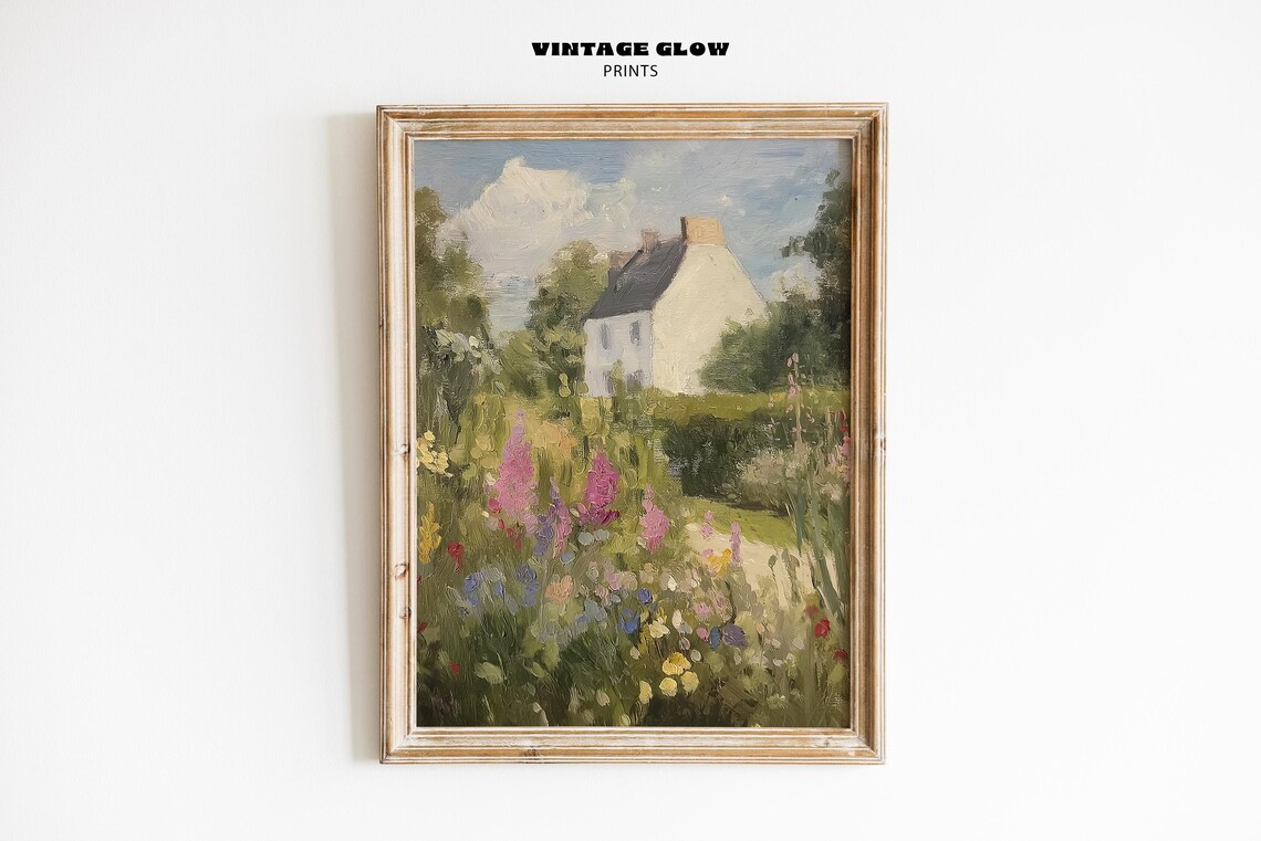 Rose Garden Painting, Vintage English Cottage Art Print