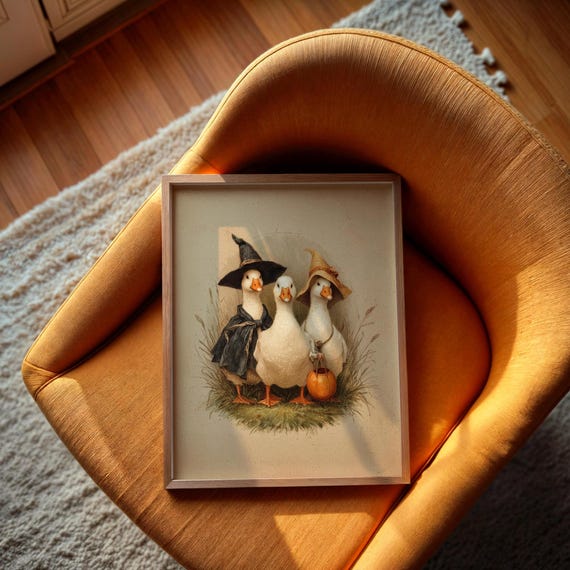 Vintage Halloween Geese Wall Art Print Witch And Pumpkin Fall Sketch Rustic Farmhouse Nursery Kitchen Decor