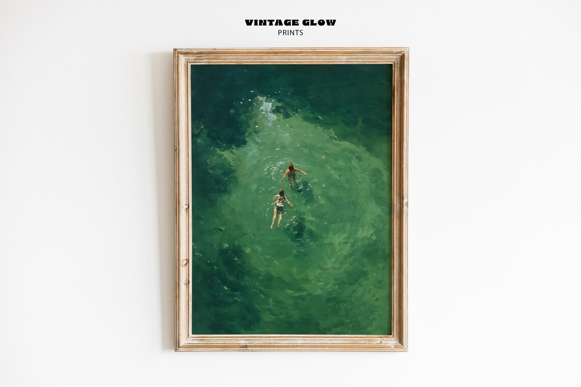 Swimming In Green Abstract Vintage Retro Art Print
