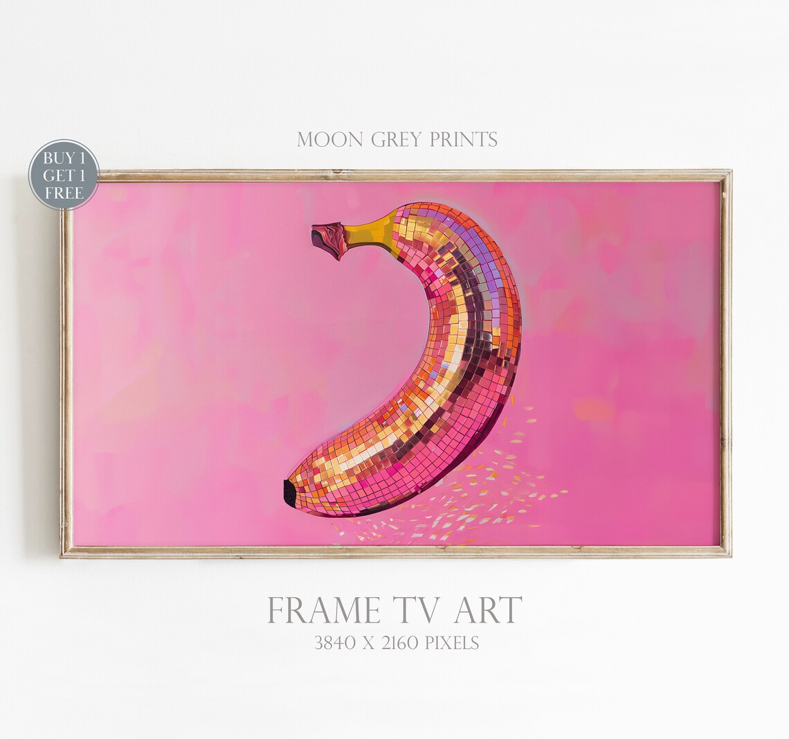 Banana Disco Ball Maximalist Painting, Pink Decor