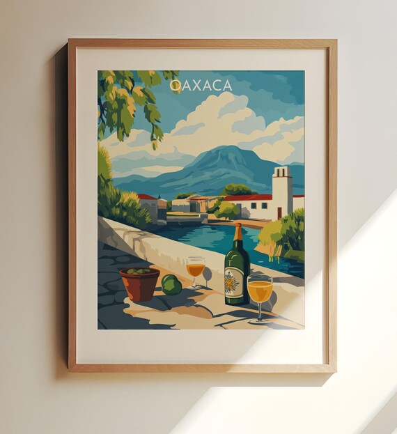 Oaxaca Mexico Riverside Vineyard Sunset Vintage Travel Poster