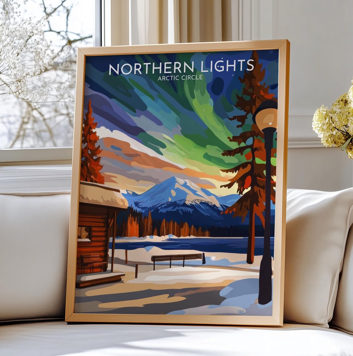 Northern Lights Arctic Circle Aurora Cabin Travel Art Poster
