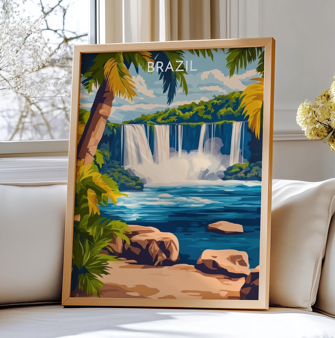 Brazil Iguazu Falls Travel Poster Jungle Waterfalls Tropical Scene Art