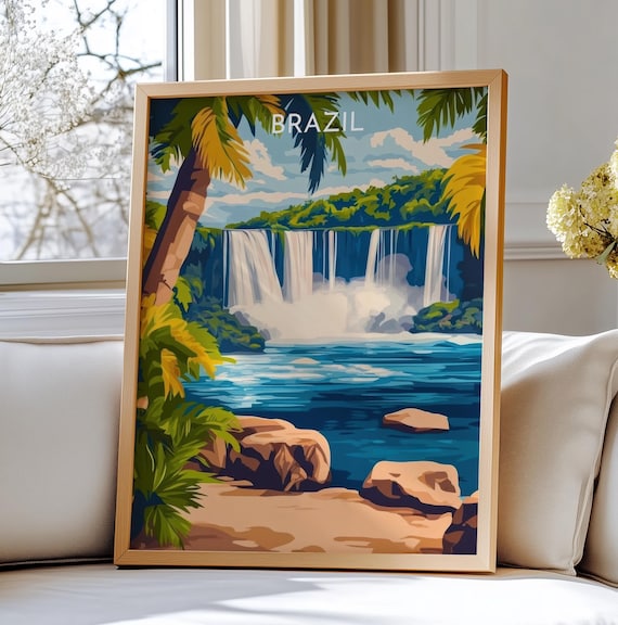 Brazil Iguazu Falls Travel Poster Jungle Waterfalls Tropical Scene Art