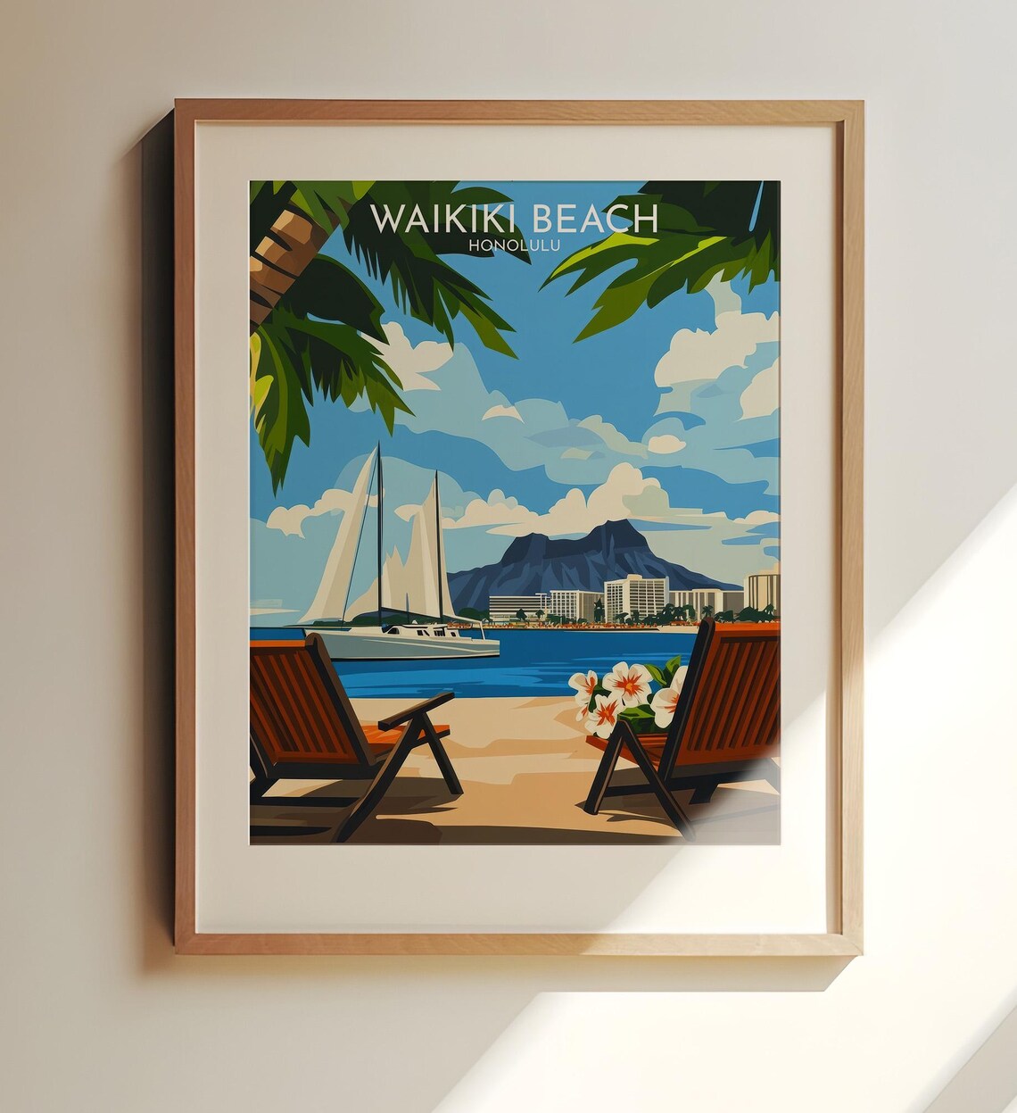 Waikiki Beach Honolulu Diamond Head Vintage Hawaii Travel Poster