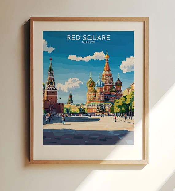 Red Square Moscow Travel Poster Art And St Basils Cathedral Illustration