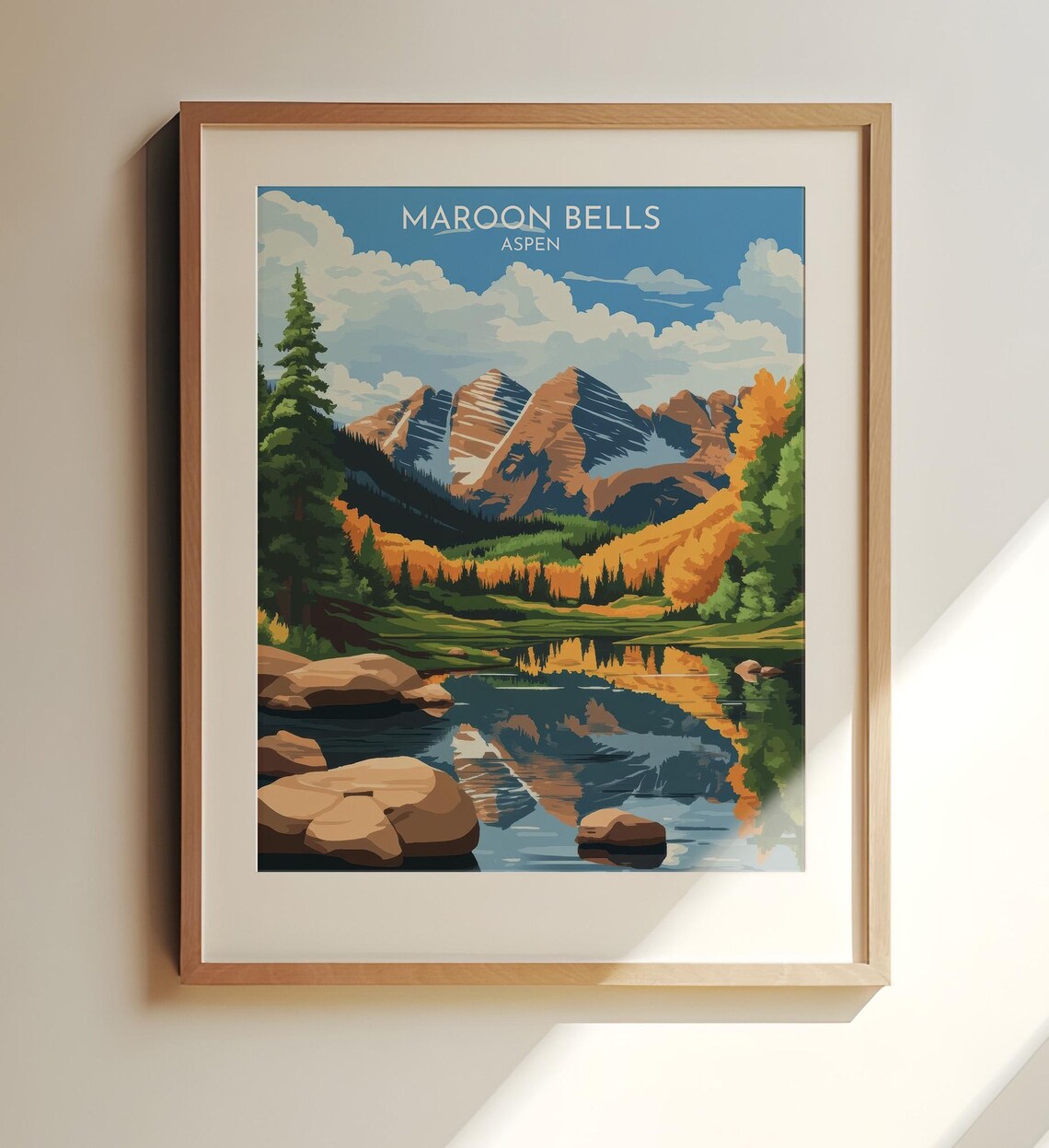 Maroon Bells Aspen Travel Poster Autumn Peaks Mountain Lake Reflection