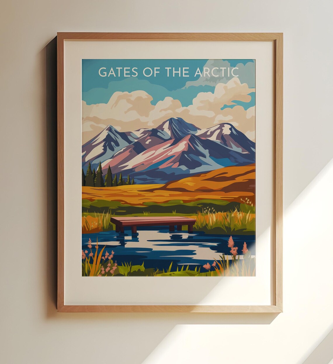 Gates Of The Arctic Mountain Lake Bridge Vintage Travel Poster