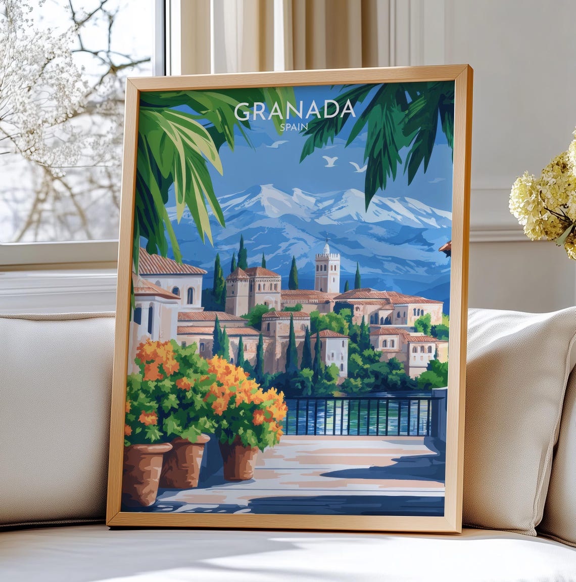 Granada Spain Alhambra Palace Mountain Terrace Retro Travel Poster