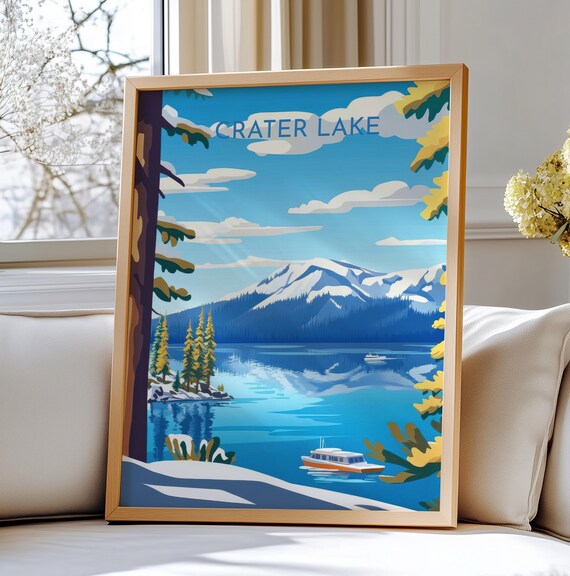 Crater Lake Blue Water Snowy Mountains Boat National Park Travel Poster
